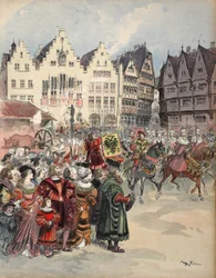 Verkiezing tot het rijk: de processie van de zeven keurvorsten door de straten van Frankfurt, illustratie uit 